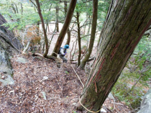 ロープを持ち急傾斜を下っていく鈴村